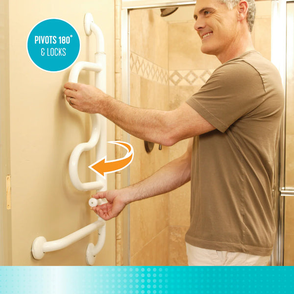 Curved Folding Grab Bar with 180° Pivot & 5 Lock Positions, Heavy-Duty Wall Mounted Safety Support Rail for Bathroom & Mobility Assistance, 300 lbs Capacity, Steel Frame