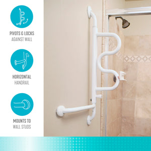 Curved Folding Grab Bar with 180° Pivot & 5 Lock Positions, Heavy-Duty Wall Mounted Safety Support Rail for Bathroom & Mobility Assistance, 300 lbs Capacity, Steel Frame