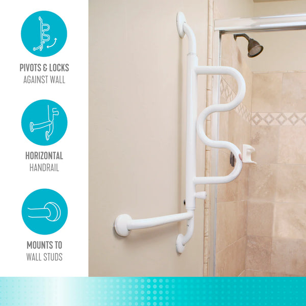 Curved Folding Grab Bar with 180° Pivot & 5 Lock Positions, Heavy-Duty Wall Mounted Safety Support Rail for Bathroom & Mobility Assistance, 300 lbs Capacity, Steel Frame