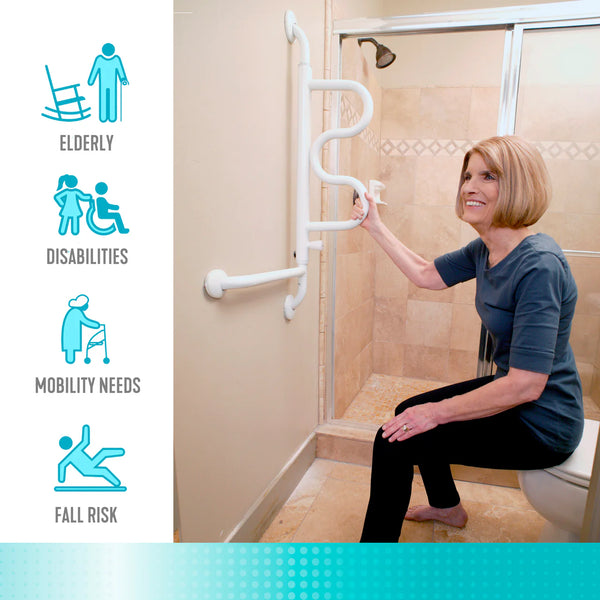 Curved Folding Grab Bar with 180° Pivot & 5 Lock Positions, Heavy-Duty Wall Mounted Safety Support Rail for Bathroom & Mobility Assistance, 300 lbs Capacity, Steel Frame
