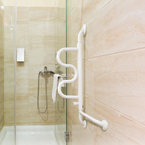 Curved Folding Grab Bar with 180° Pivot & 5 Lock Positions, Heavy-Duty Wall Mounted Safety Support Rail for Bathroom & Mobility Assistance, 300 lbs Capacity, Steel Frame