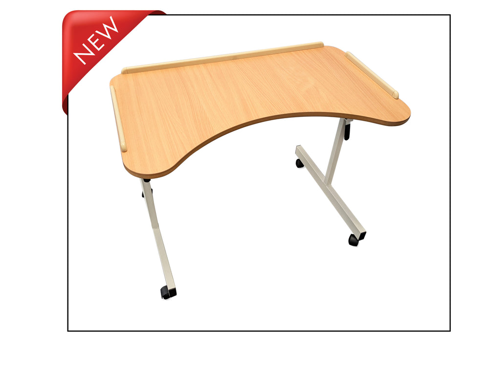 Kidney Table with Lockable Castors Adjustable Height Wheelchair and Armchair Friendly Work Surface