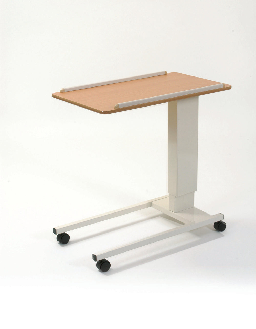 Rise and Fall Overbed Table Adjustable Height Beech Top with Easy-Move Castors and Edges