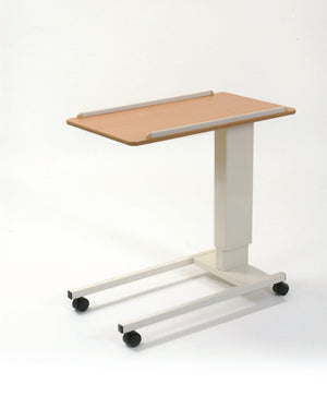 Rise and Fall Overbed Table Adjustable Height Beech Top with Easy-Move Castors and Edges