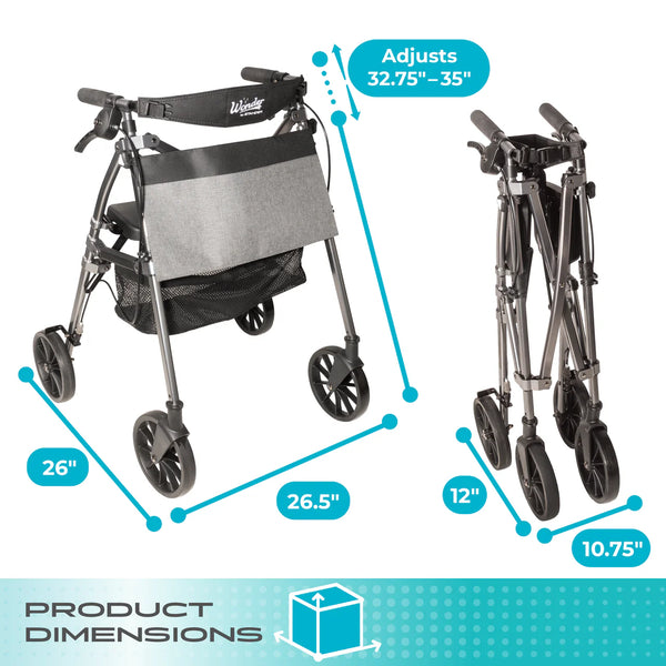 Wonder Rollator Plus Folding Mobility Walker with 8” All-Terrain Wheels, Lightweight 15 lbs Aluminum Frame, Built-in Seat, Backrest & Storage Basket, 250 lbs Capacity, Compact Travel Rollator