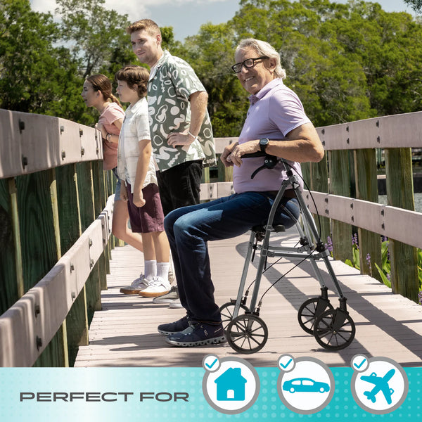 Wonder Rollator Plus Folding Mobility Walker with 8” All-Terrain Wheels, Lightweight 15 lbs Aluminum Frame, Built-in Seat, Backrest & Storage Basket, 250 lbs Capacity, Compact Travel Rollator