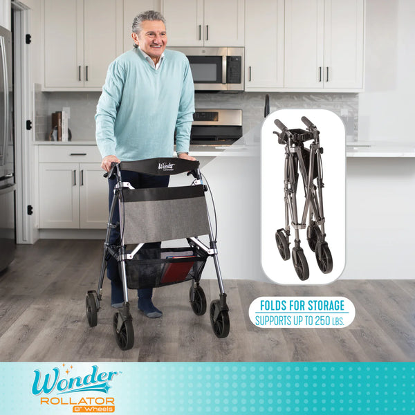 Wonder Rollator Plus Folding Mobility Walker with 8” All-Terrain Wheels, Lightweight 15 lbs Aluminum Frame, Built-in Seat, Backrest & Storage Basket, 250 lbs Capacity, Compact Travel Rollator