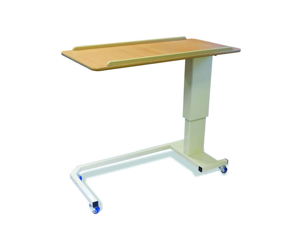 Rise and Fall Overbed Table with Wheelchair-Friendly Base Adjustable Height Beech Top and Castors